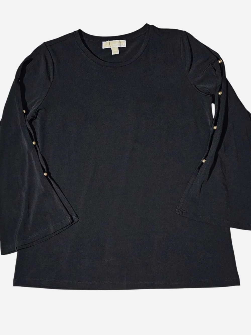 Michael Kors black long sleeve slit top with gold bead/stud accents.
